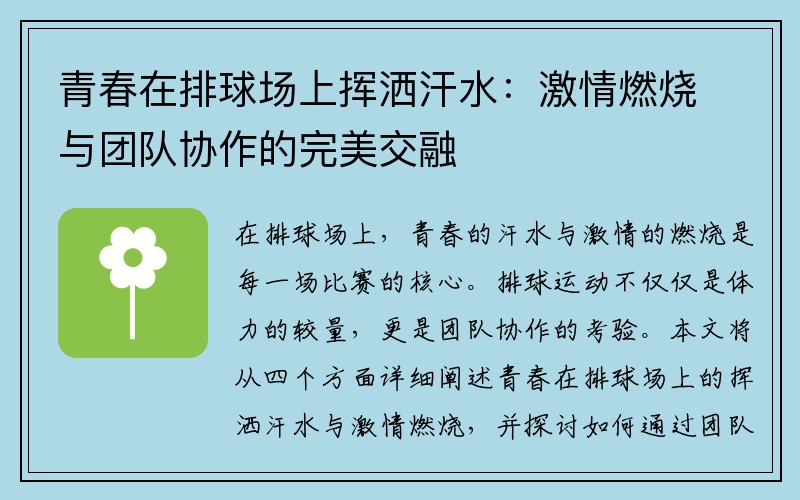 青春在排球场上挥洒汗水：激情燃烧与团队协作的完美交融